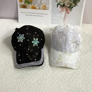 Casquette de baseball en dentelle pour femme avec perles et fleurs en cristal colorées