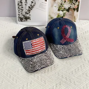 Denim-Baseballkappen mit Strasssteinen US-Flaggen- und rosa Schleifen-Design