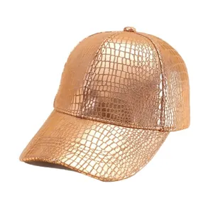 Rose gold crocodile texture baseball hat with a metallic finish on a white background