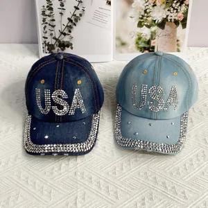 Casquettes de baseball en jean avec motif USA en strass en bleu foncé et clair