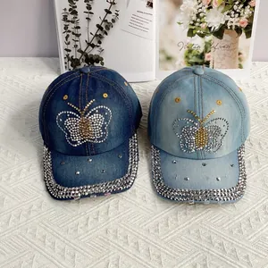 Casquettes de baseball en jean avec motifs papillon en strass, bleu foncé et bleu clair
