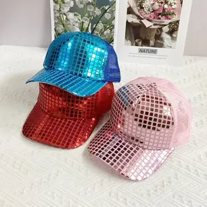 Fashion Sequin Mesh Baseball Cap For Women Men Reflective Disco Trucker Hat Glitter Checkered Sunshade Breathable Hip Hop Party Cap Adjustable