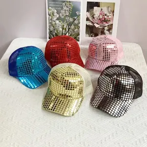 Detail of vibrant sequin baseball caps with breathable mesh in multiple neon colors