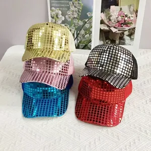 Detail of glitter disco baseball caps with mirror sequins and breathable mesh back