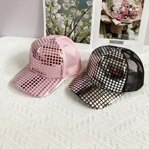 Laser reflective checkered mesh baseball caps in pink and black sequin finish