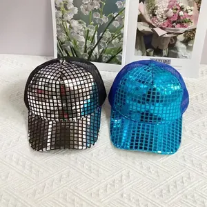 Laser reflective checkered baseball cap with sequins and breathable mesh panels