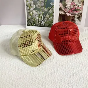 Stylish laser reflective plaid baseball cap with gold and red sequins and breathable mesh back