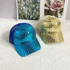 Detail of reflective laser sequin baseball hats in blue and gold with breathable mesh