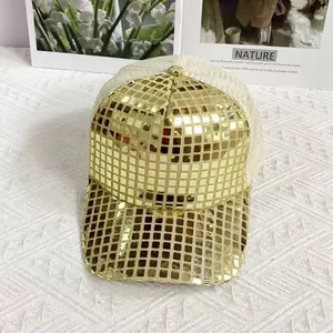 Detail of gold reflective laser sequin baseball cap with breathable beige mesh back