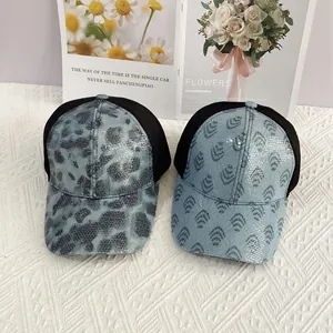 Blue sequin leopard and wave mesh trucker hats with breathable back for summer