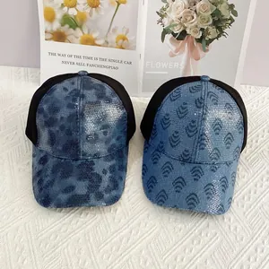 Breathable mesh baseball caps featuring blue sequins and leopard patterns for women