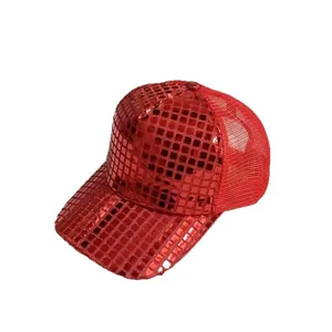 Laser reflective grid baseball cap in bright red with sequins and breathable mesh