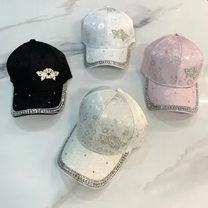 Elegant Satin Jacquard Floral Baseball Cap For Women With Rhinestone Butterfly Detail Fashion Sunshade Adjustable Peak Cap