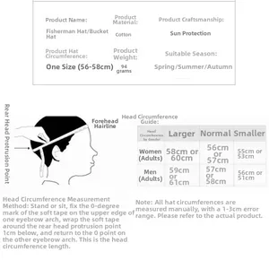 Size chart and head measurement guide for cotton sun hat with 56-58cm circumference