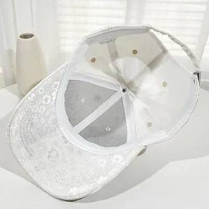 Detail view of the interior white sweatband and jacquard lace texture on baseball cap