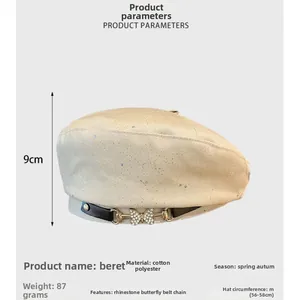 Detailed product parameters of champagne beret with rhinestone butterfly and dimensions