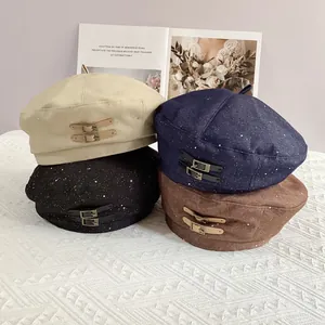 Vintage Women Cotton Polyester Beret Hat With Metal Leather Buckle Glitter Flecked Painter Hat Retro Fashion Pumpkin Cap