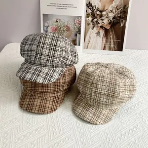 Vintage Plaid Newsboy Cap For Women With Sparkling Rhinestones British Style Octagonal Beret Hat For Autumn Spring Daily Wear