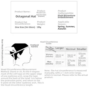 Size chart for British retro plaid newsboy cap showing head circumference measurements