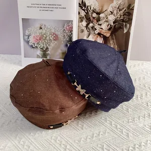 Sparkling rhinestone butterfly beret hat with glitter finish in navy blue and brown styles