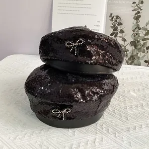 Béret noir élégant à paillettes avec nœud en strass, chapeau d'été respirant et chic