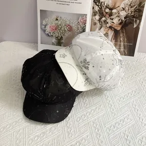 Breathable mesh newsboy cap with sequin stars and fireworks pattern in black and white