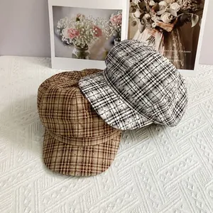 British retro plaid newsboy hats with sparkling rhinestones in coffee and black colors