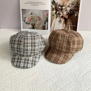 British style plaid newsboy cap with sparkly rhinestones in grey and brown colors
