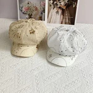 Sequin embroidered mesh newsboy hat with star and moon patterns for summer sun protection