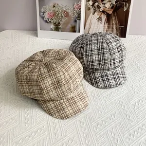 British retro plaid newsboy cap with sparkling rhinestones in brown and black white