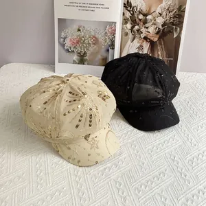 Breathable mesh newsboy cap with sequin star embroidery in beige and black colors