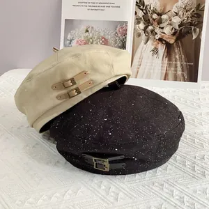 Chic Korean style berets in beige and black with sequin finish and leather strap buckle