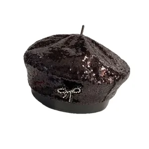 Béret élégant à paillettes noires avec nœud en strass pour femmes mode d'été chic