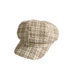 British style checkered newsboy cap with sparkling rhinestones in coffee and cream