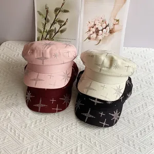 Casquette de Vendeur de Journaux pour Femmes Mode Étoiles Strass Chapeau de Cadet à Dessus Plat en Coton Denim Sergé Réglable pour Voyage