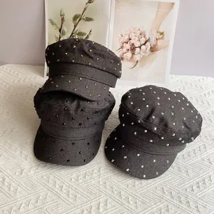 Fashionable Denim Cadet Cap For Women Starry Rhinestone Flat Top Military Hat Sunshade Outdoor Travel Stylish Headwear