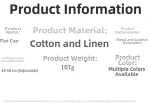 Detailed product specifications for autumn cotton linen flat top newsboy hat with buckle