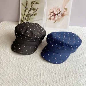 Denim newsboy caps with silver rivet studs on flat top, fashion accessories for women