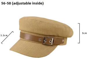 Detail view of khaki newsboy cap showing dimensions of 5.5cm brim and 9cm height