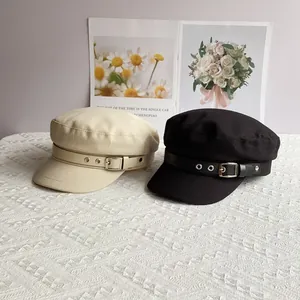 Vintage cotton linen baker boy hats in beige and black with decorative leather belts