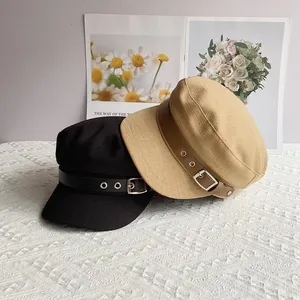 Retro autumn newsboy cap with leather belt buckle in black and khaki cotton linen