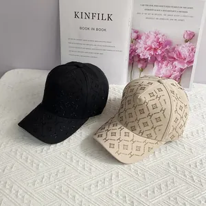 Casquette de baseball de luxe avec motifs H en strass, en toile de coton noire et beige