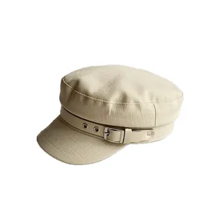 Minimalist cream white cotton linen newsboy hat with stylish leather strap buckle