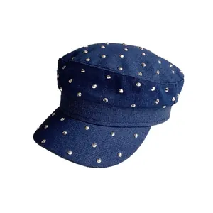Dark blue denim military cap with silver metallic studs and a flat top street style design