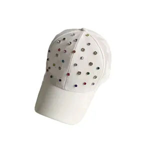 Stylish white baseball cap with colorful rhinestones for a premium summer sun hat look