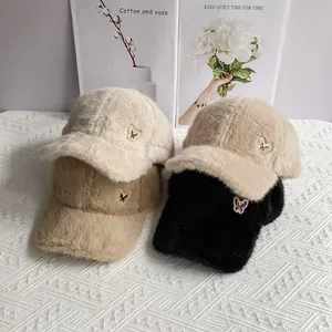 Winter faux rabbit fur baseball caps with sparkling butterfly metal accents in various colors