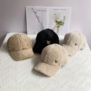 Women's Winter Faux Rabbit Fur Baseball Cap Warm Thickened Plush Peaked Hat With Metal Butterfly Buckle Rhinestone Decor