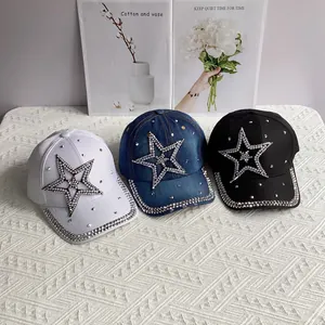 Denim baseball caps with rhinestone stars and pearl trim in white, blue, and black