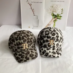 Winter teddy velvet leopard print baseball caps with gold TR embroidery for women
