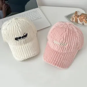 Winter plush baseball caps with GOOD embroidery in beige and pink fluffy faux fur